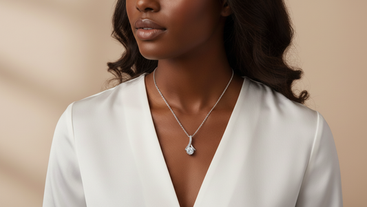 Hephzibah ribbon pendant necklace on model in white blouse, angled – Christian gift jewelry