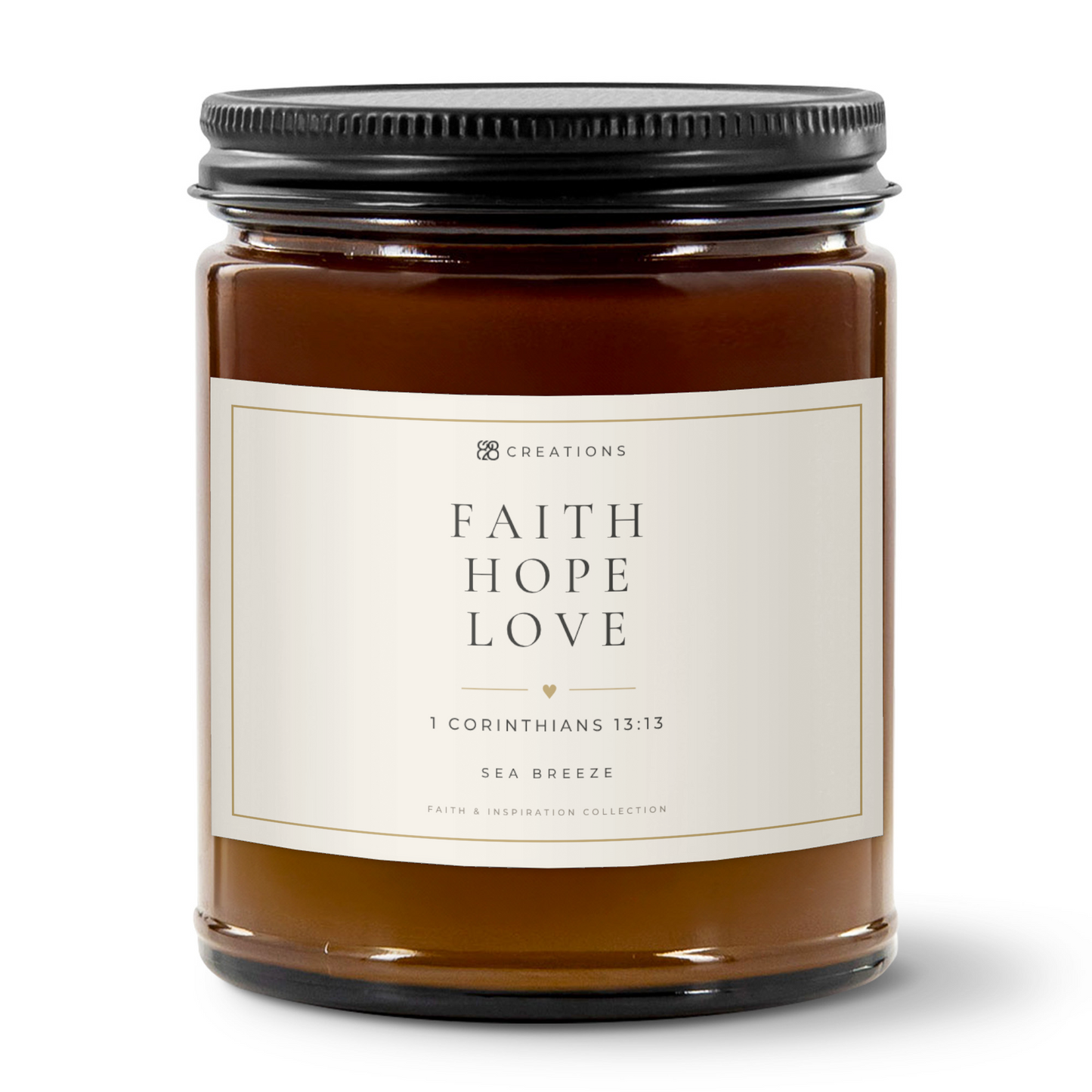 FAITH HOPE LOVE Sea Breeze amber jar candle with matte black lid by 828 Creations