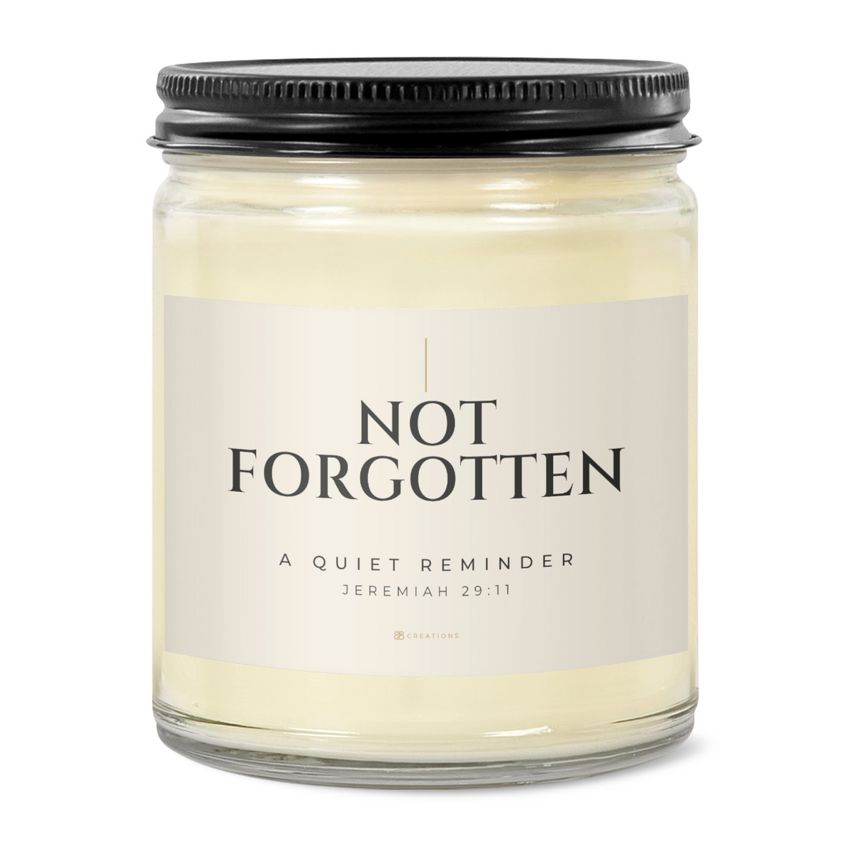 828 Creations NOT FORGOTTEN Jeremiah 29:11 candle in Bone, showing its clear glass jar, Sea Breeze fragrance, and matte black ribbed lid on a white background.