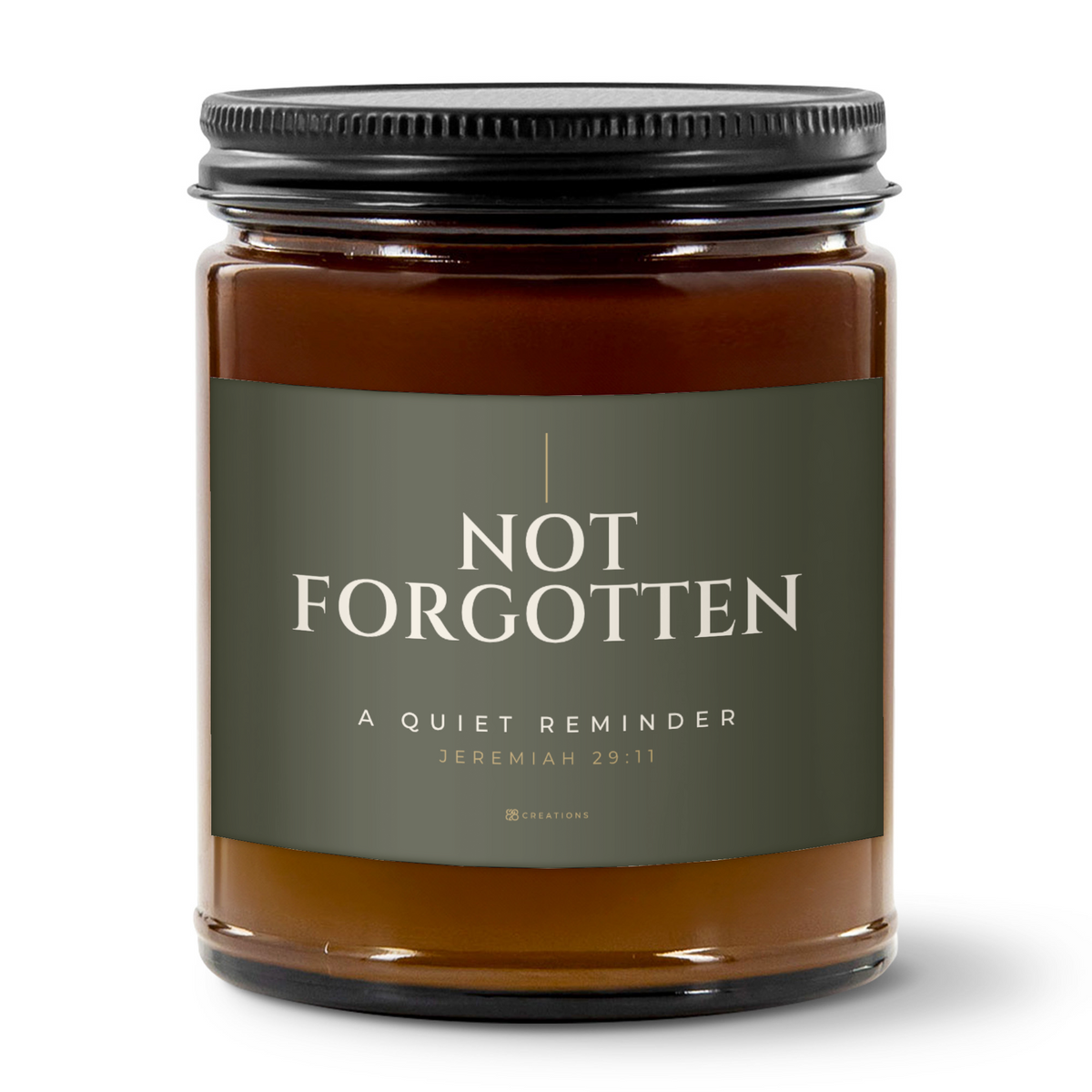828 Creations NOT FORGOTTEN Jeremiah 29:11 candle in Deep Olive, showing its amber glass jar, Sea Breeze fragrance, and matte black ribbed lid on a white background.