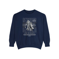 repairer of the breach design, inspired by Isaiah 58:12 bible verse, on a true navy luxurious 100% cotton sweatshirt, unisex