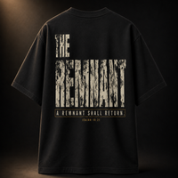 Back of THE REMNANT black oversized heavyweight T-shirt with distressed Isaiah 10:21 artwork