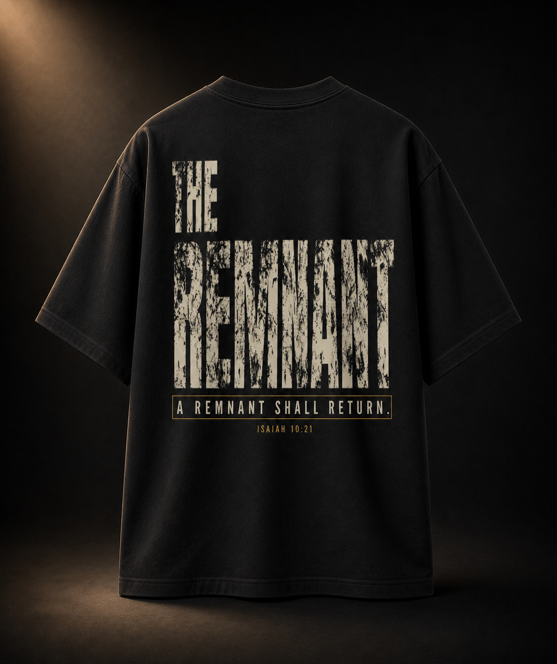 Back of THE REMNANT black oversized heavyweight T-shirt with distressed Isaiah 10:21 artwork