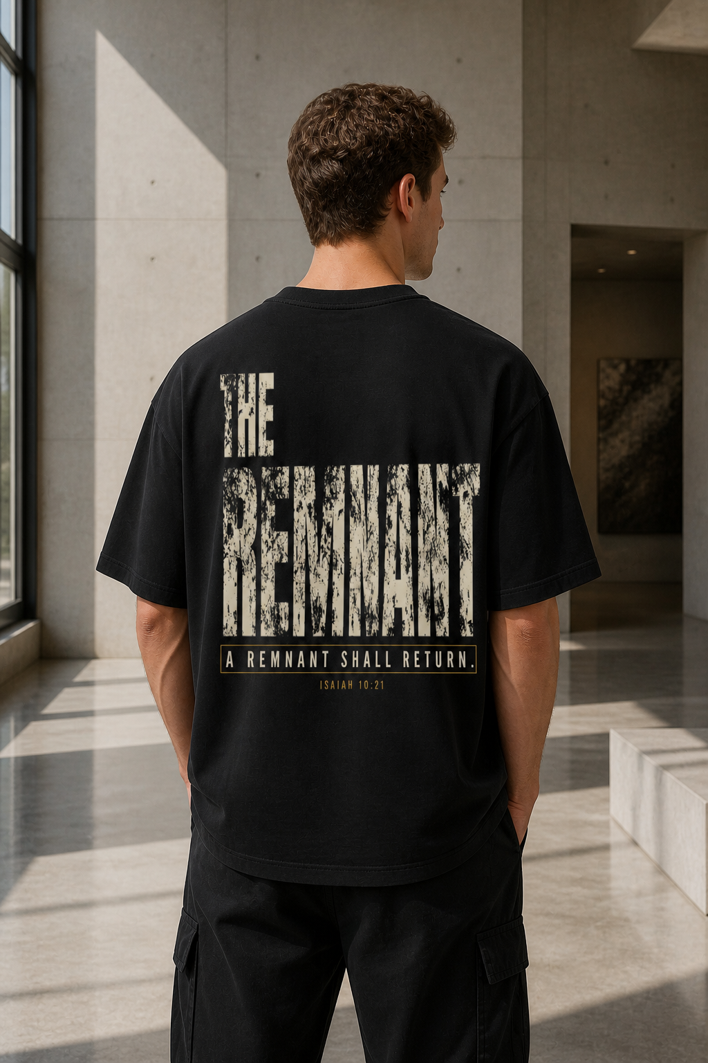 Man wearing THE REMNANT oversized black T-shirt showing the large distressed back design in a concrete gallery