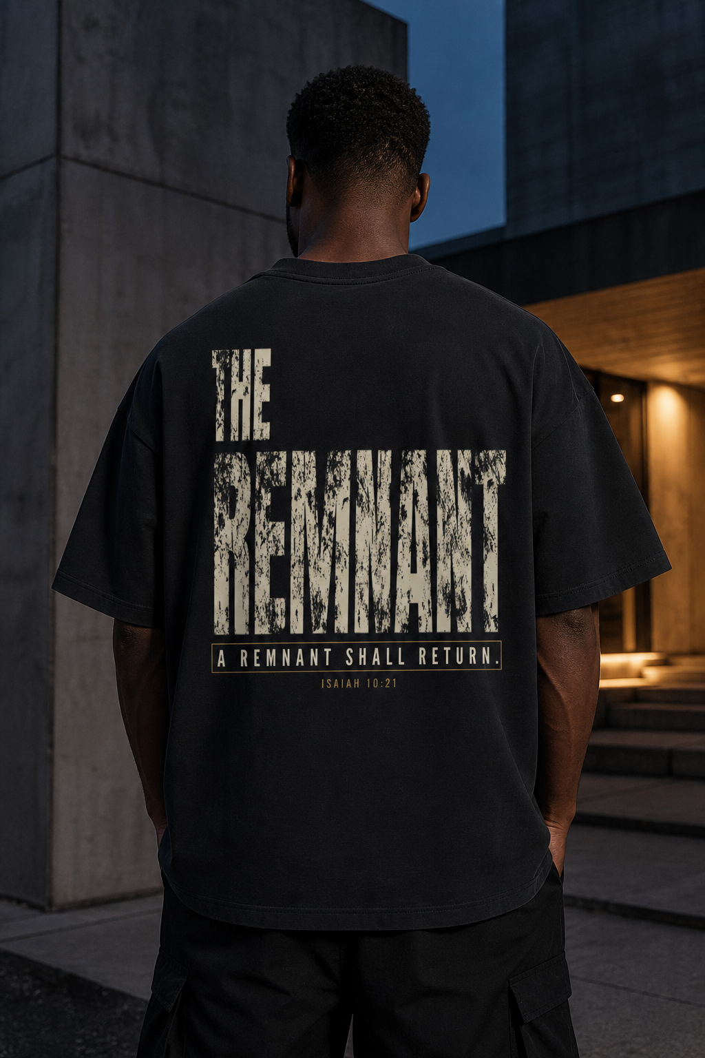 Man wearing THE REMNANT black oversized heavyweight T-shirt showing the distressed Isaiah 10:21 back graphic