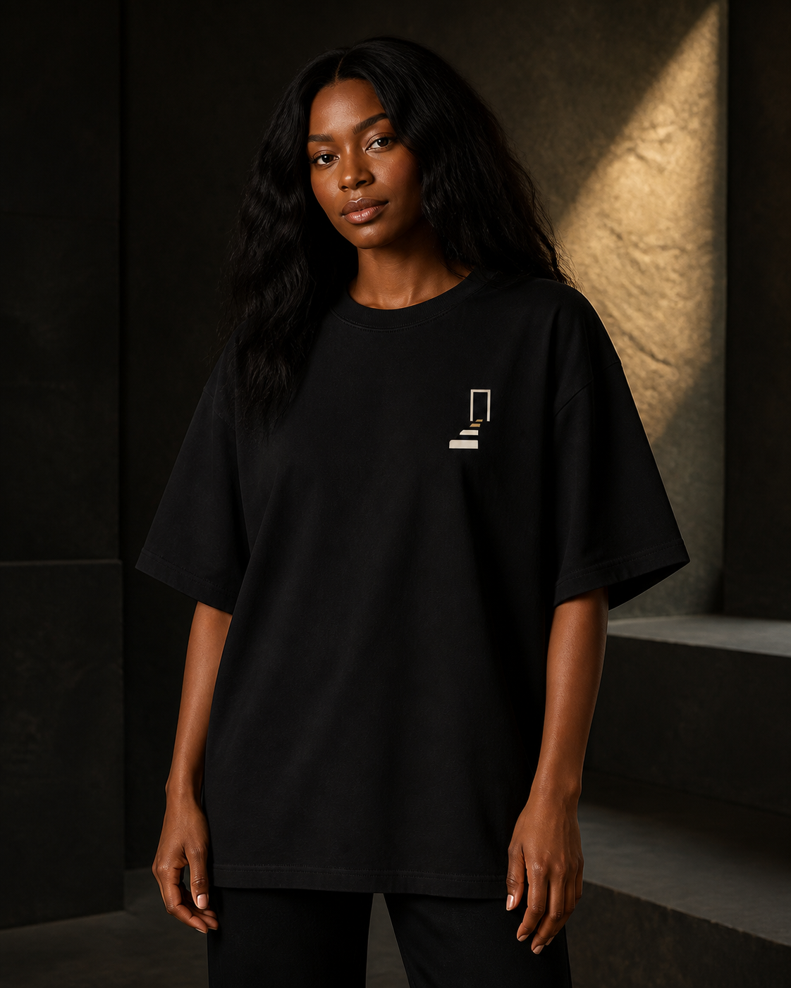 Woman wearing THE REMNANT oversized heavyweight black T-shirt with the Returning Stone chest symbol