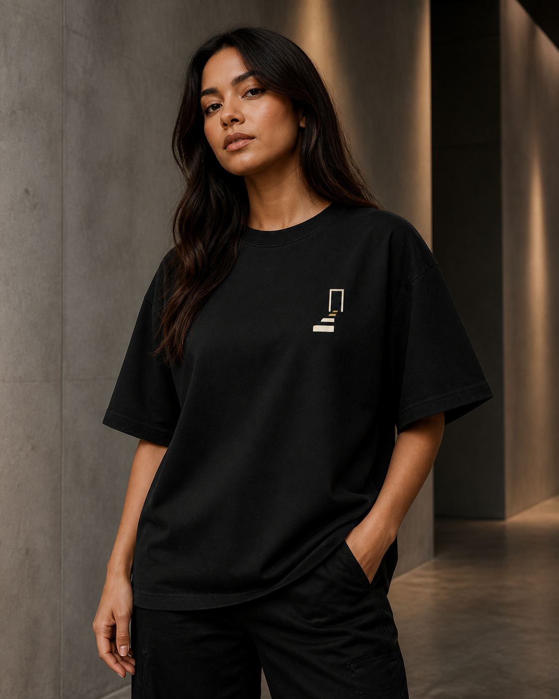 Woman wearing THE REMNANT black oversized heavyweight T-shirt with the minimal left-chest symbol