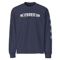 Premium midnight blue color heavyweight sweatshirt with text design saying Blessed Up No Stressin" across front chest area, also with intricate bible verse design on left and right sleeve