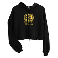 Black cropped hoodie with design that features a bible verse that says 'Romans 828, It's All Good' in gold print